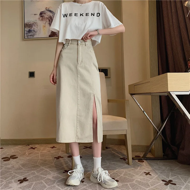 

Women Split Straight Skirt Vintage Soild Color Pencil Skirts Pockets Summer Apricot High Waist Button Long Denim Skirts Female