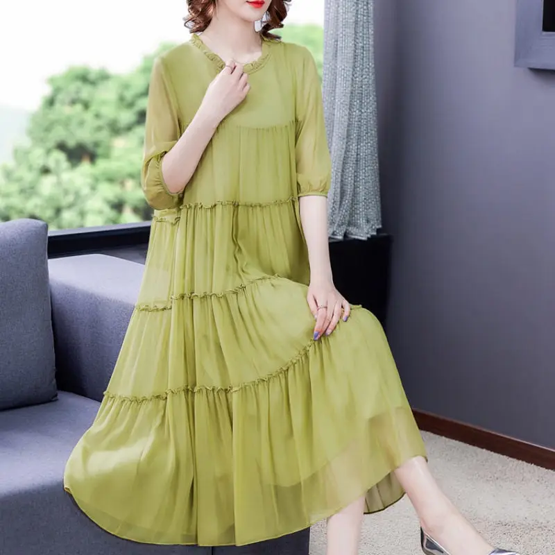 

Mother's Dress Spring And Summer 2023 New Oversized Loose Short Sleeve A Line Dress Casual Solid Color Female Vestidos Z502
