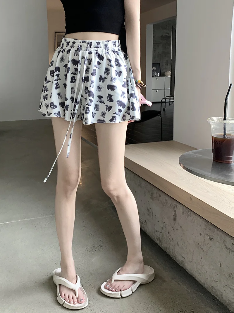 Puppy Print Baggy Shorts Elastic Waist Drawstring Casual Pants Women Summer High Waist Loose Slimming Wide Leg Short Pants