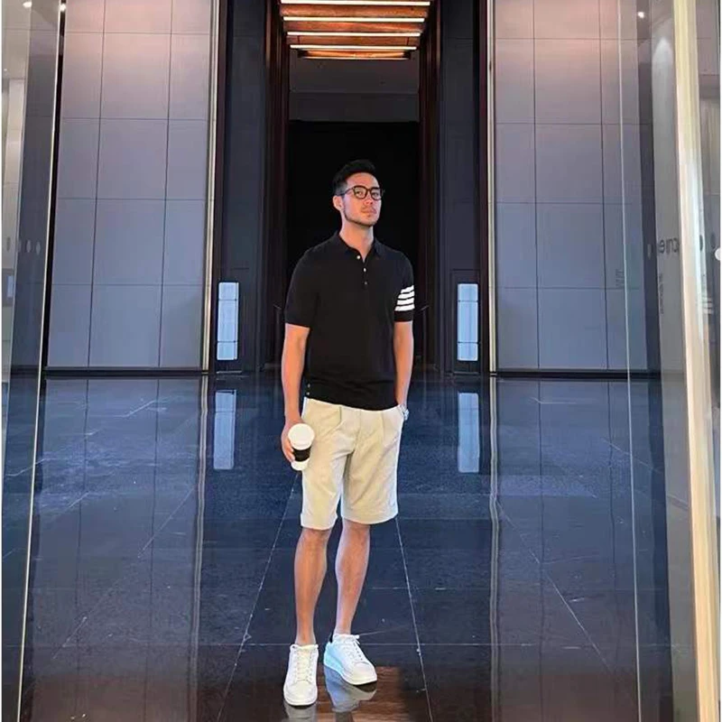 

TB MenT-Shirt 2023 new Arrival Summer Blouses Ice Silk Cotton Design 4-Bar Stripe Knitted Top Outdoor Loose Sport T Shirts