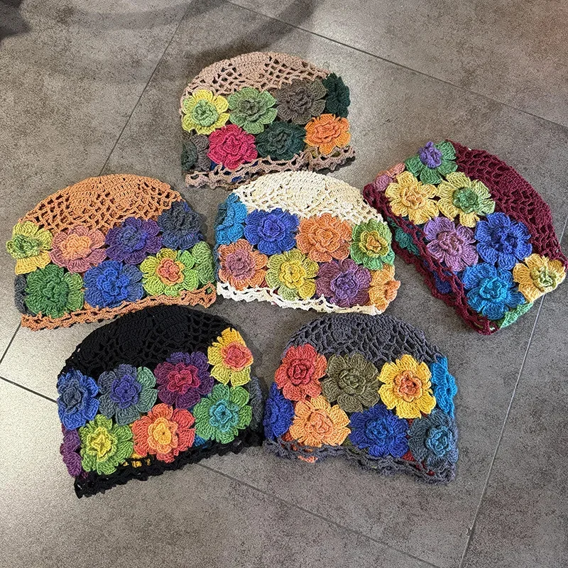 Baotou-Kappe, japanischer Frühling, literarisch, künstlerisch, bunte Blume, hohle Tasche, Kopf, Hut, Damen, süße Mode, handgehäkelt, Beanie-Kappe – Detail 1