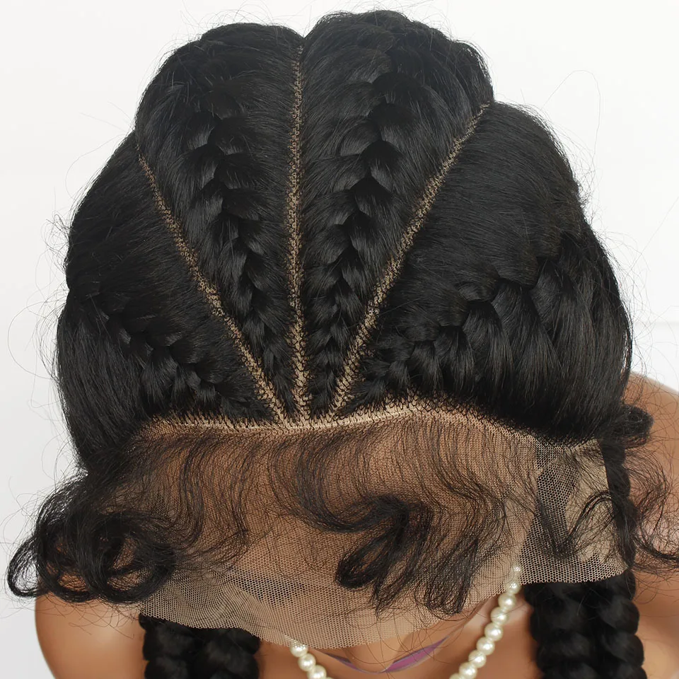 Parrucca con trecce e pizzo frontale, con capelli di bambino, trecce sintetiche a cornrow, parrucca con pizzo 360 senza colla