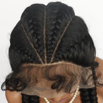 Parrucca con trecce e pizzo frontale, con capelli di bambino, trecce sintetiche a cornrow, parrucca con pizzo 360 senza colla