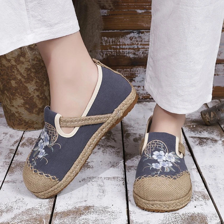 Flats Women Shoes Embroider Retro Lace-up Round Toe Cotton Linen New Handmade Concise Comfortable Ladies Shoes Spring and Summer