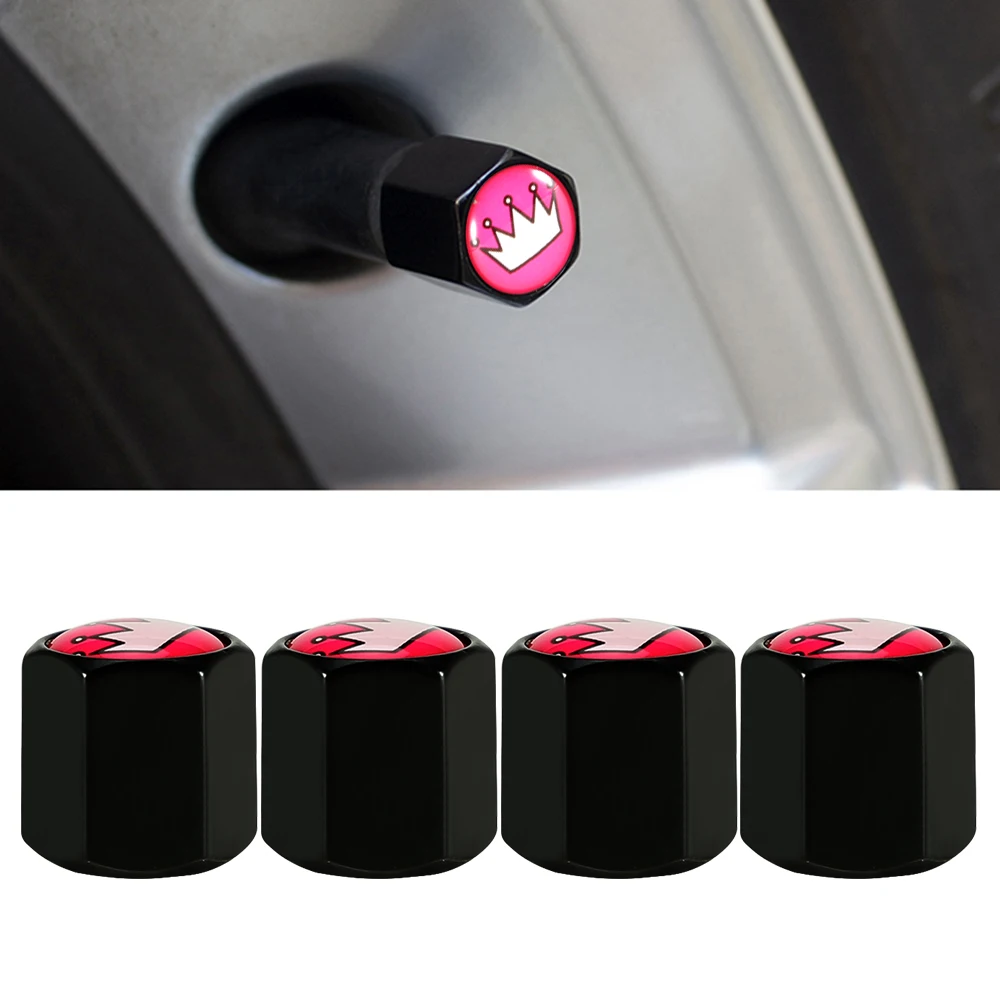 Set da 5 tappi valvola pneumatici auto in pelle rosa a forma di corona, antifurto, con chiave e parti in lega di zinco  34