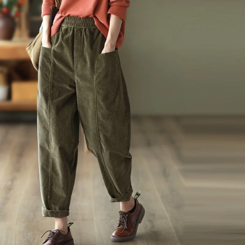 

Spring Autumn New Arts Style Women Elastic Waist Loose Ankle-length Pants All-matched Casual Cotton Corduroy Harem Pants C755