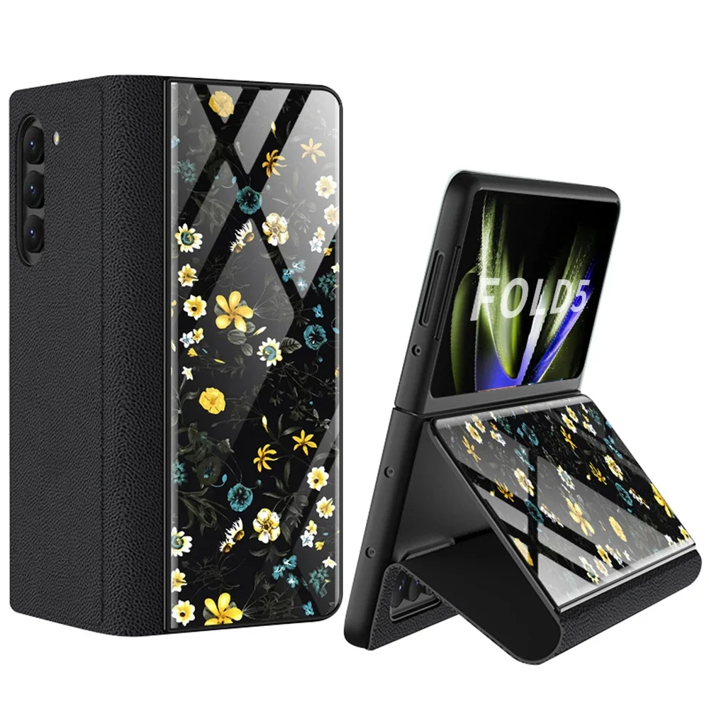 For Samsung Galaxy Z Fold 5 Case Leather & Floral pattern Glass Hard Back Flip Cover for Galaxy Z Fold5 5G Funda