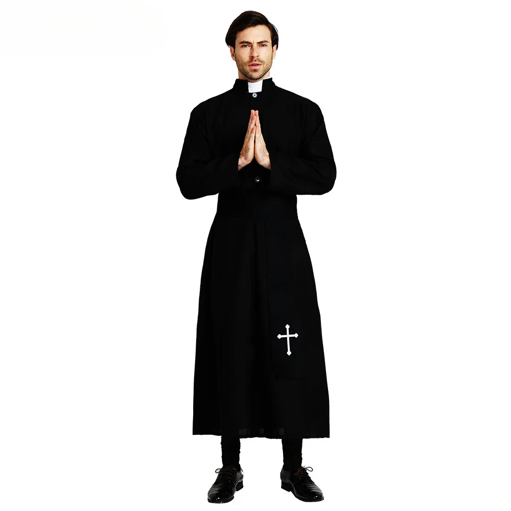 

Halloween Cosplay Adult Black Noble Priest Costume Men Religious Pastor Father Costumes Purim Party Mardi Gras Fancy Dress