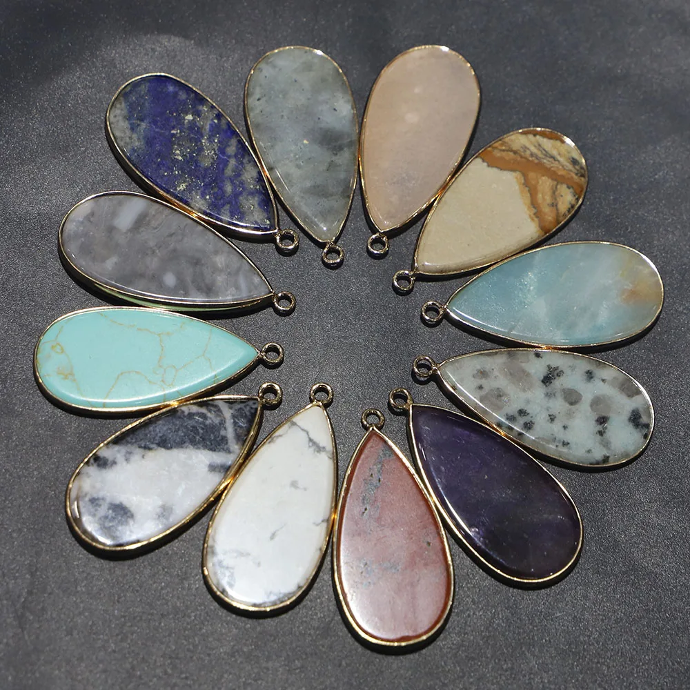 Hotsell Natural Stone Long Flat Water Drop Pendants Necklace Fashion Jewelry Making Diy Charm Earring Accessories Wholesale 8Pcs