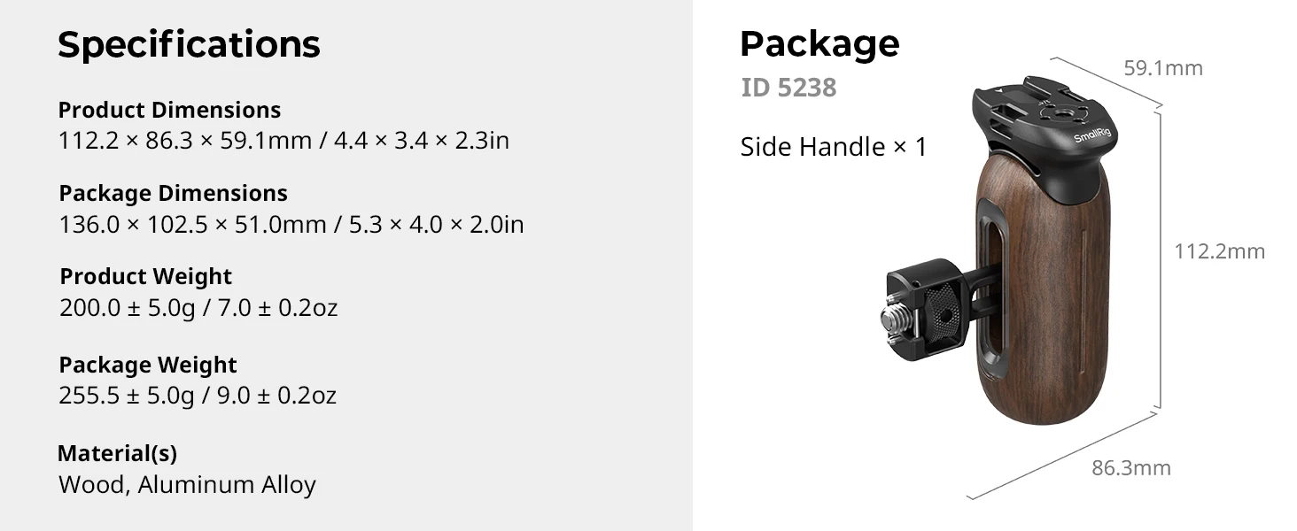 Wooden Side Handle with 1/4"-20 & 3/8''-16 ARRI Locating Screws Retractable Inte