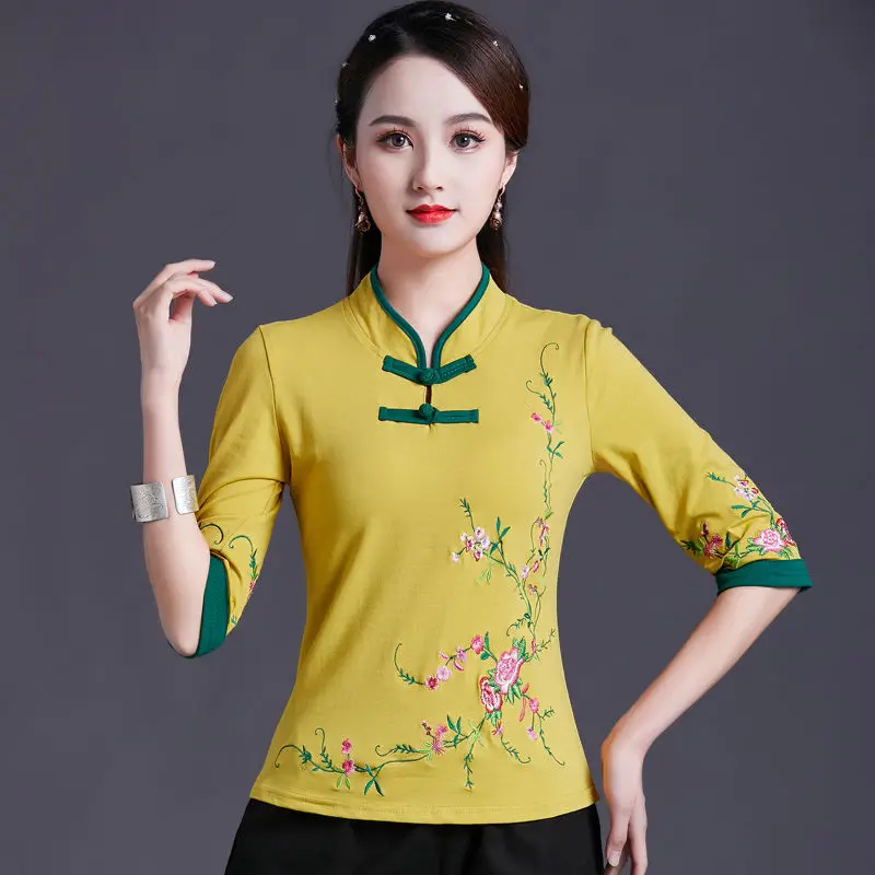 Cheongsam Women's Plus Size Tops Autumn Cotton Blend Splicing Embroidery Half Sleeve Chinese Style Retro Qipao Shirts Woman