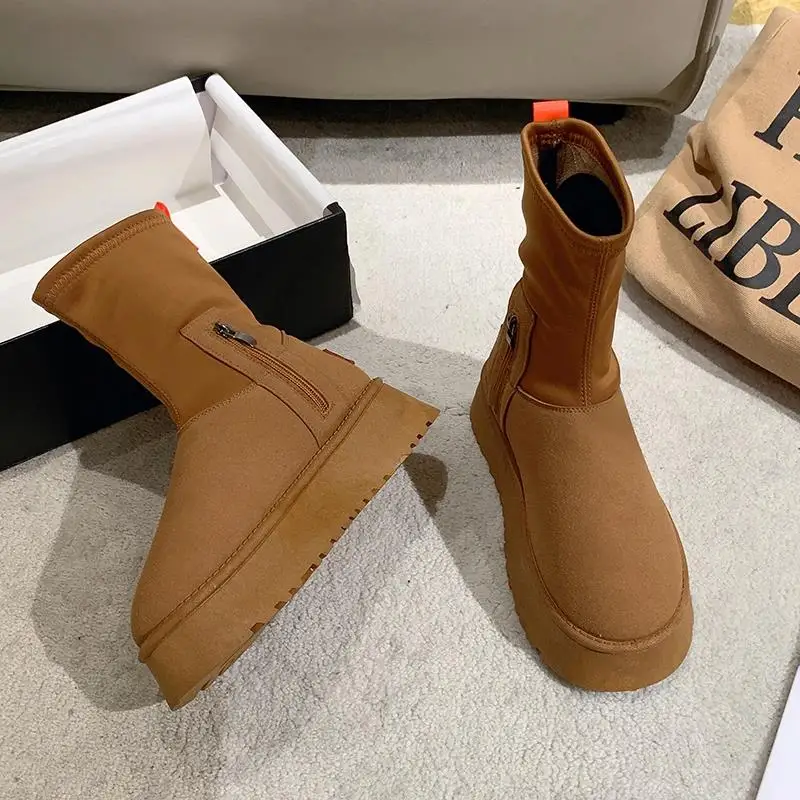 Snow Boots Women's 2023 Winter Soft Leather Flat Bottom Thickened Fashion Slim Elastic Boots  Mid Sleeve Cotton Boots