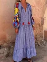 2024 Autumn Fashion New Women's Loose Long Sleeve Striped Splicing V-neck Lantern Sleeve Printed Loose Long Dress - Image 4