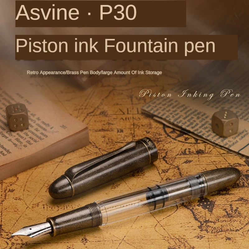 Asvine P30 만년필 피스톤 황동 쓰기 펜, 어뢰 모양 금속 및 아크릴 EF/F/M 펜촉, 빈티지 레트로 학교 문구
