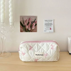 Chic Bow Flower Quilted Cotton Makeup Bag - Women's Zipper Cosmetic Organizer & Portable Toiletry Case (Pink S)