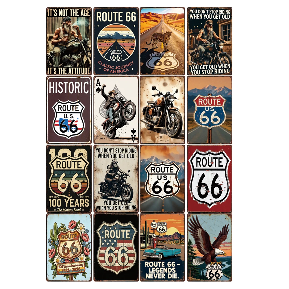 Route 66 레트로 금속 사인 오토바이 빈티지 포스터 플라크 벽 바 차고 아트 홈 샵 주방 장식 선물 ZW-191 12X8인치