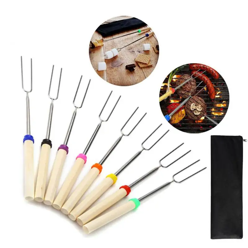 8pcs 32Inch Barbecue Fork Stainless Steel Marshmallow Roasting Stick Telescoping Smores Skewer for Hot Dog BBQ Picnic Camping 1