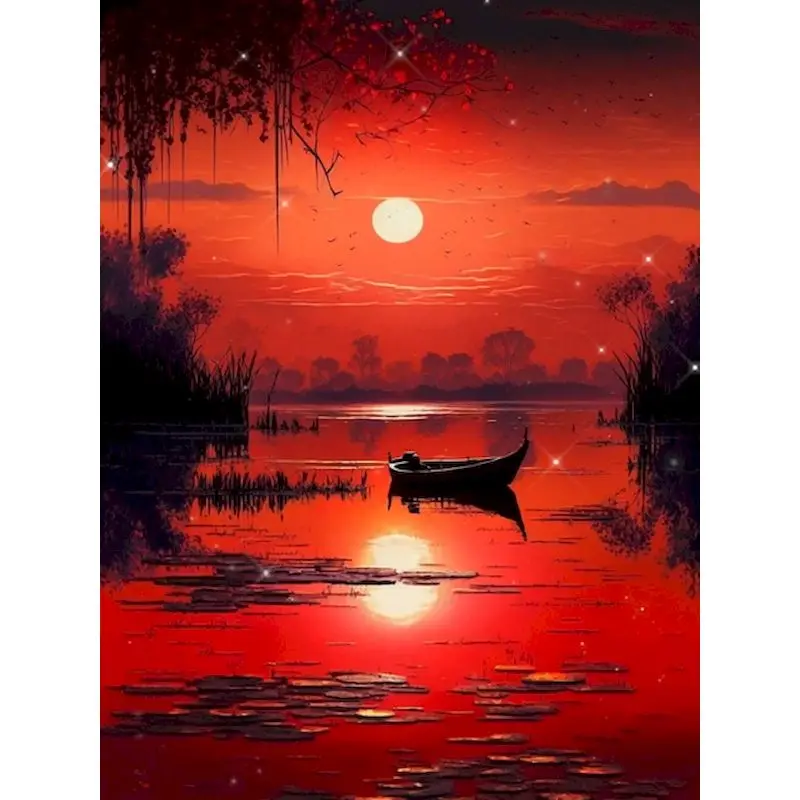 CHENISTORY 5d Diamond Embroidery Cross Stitch Sunset Lake Boat Scenery Diy  Square Diamond Painting Mosaic Art Living Room Decor - AliExpress