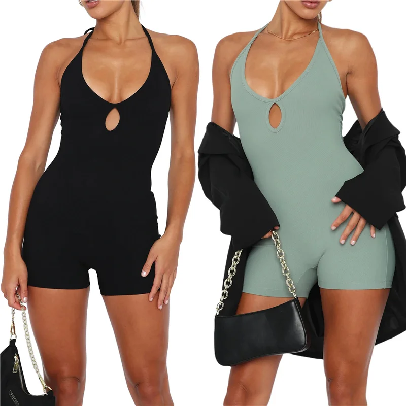 

Women Solid Color Playsuits Tie-Up Halter Neck Low-Cut Sleeveless Skinny Short Jumpsuits Summer Backless Bodysuits Rompers