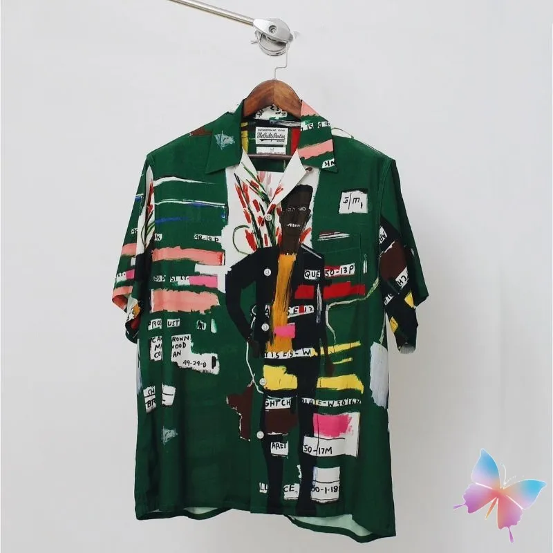 

Green Funny Graffiti WACKO Lapel Short Sleeved Shirt Tops Summer Men Women Holiday Outdoor Hiphop Street Hawaiian Shirts