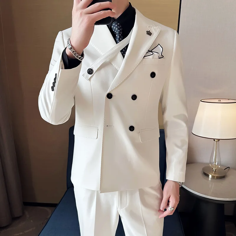 

New high-quality solid color (suit + western pants) fashion boutique men's double breasted casual set groom dress two-piece set