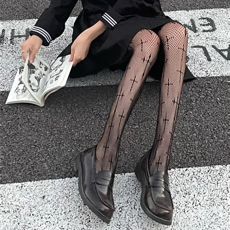 

Gothic Lace Stockings Mesh Tights Y2k Women Black White Fishnets Pantyhose Sexy Lingerie Lolita Cross Print Club Nylon Tights