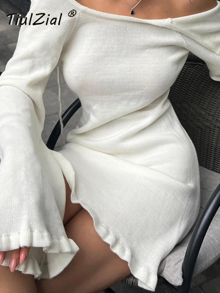 

TiulZial Autumn Casual O-neck Backless Lace-up Knitted Loose Women Long Sleeve Solid Fashion Mini White Streetwear Dress Outfit