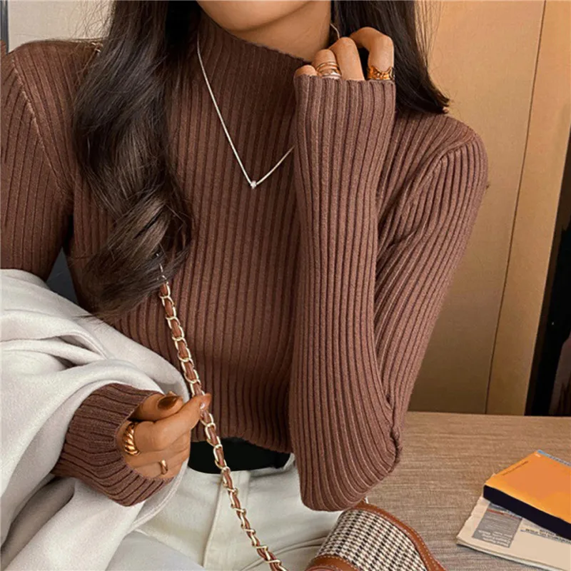 

Women Pullovers Half High Collar Sweater Winter Slim Elastic Long Sleeve Top Korean Fashion Basic Cheap Jumper Solid Knitwears