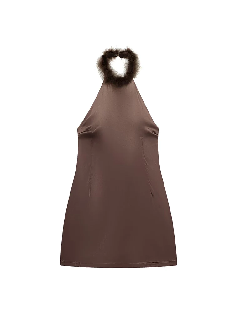 New Women's Furry Neck Dress Fashion Backless Skinny Street Halter Dresses Elegant Feather Spliced Sleeveless Mini Dress