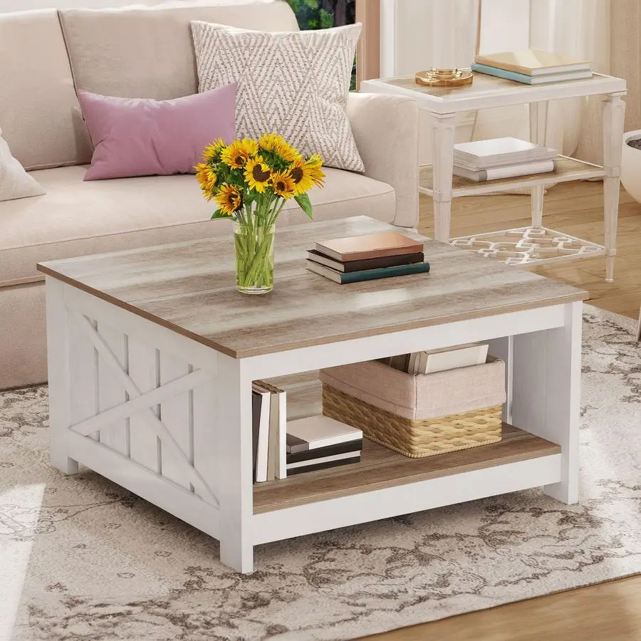 Square Farmhouse Coffee Table with storage - front view