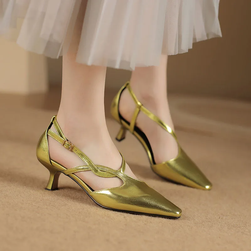 

Phoentin Kitten Heels Gold Ladies Designer Shoes Pointed Toe Women's Summer Footwear Narrow Bands Plus Size Middle Heels FT3226