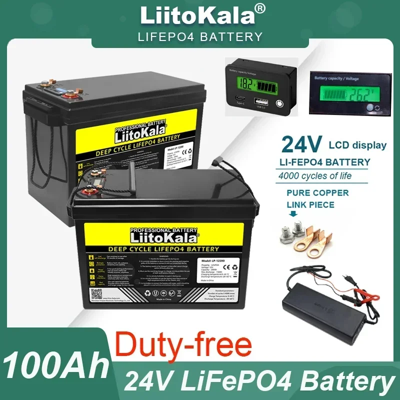 LiitoKala 24v 100AH 8s LiFePO4 Lithium Battery USB3.0 Type-C Output for RV travel Inverter Car lighter Batteries 29.2V Charger