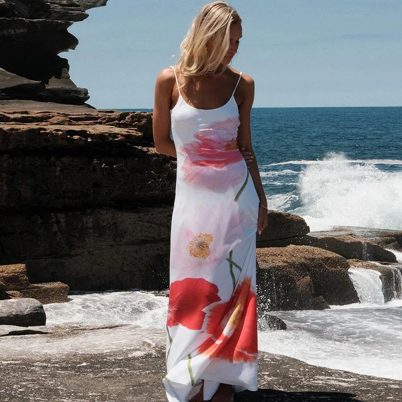 Vestidos de moda con cuello halter ajustado y estampado para mujer, vestido largo elegante sin espalda y cintura alta, vestido de fiesta de verano 2025.