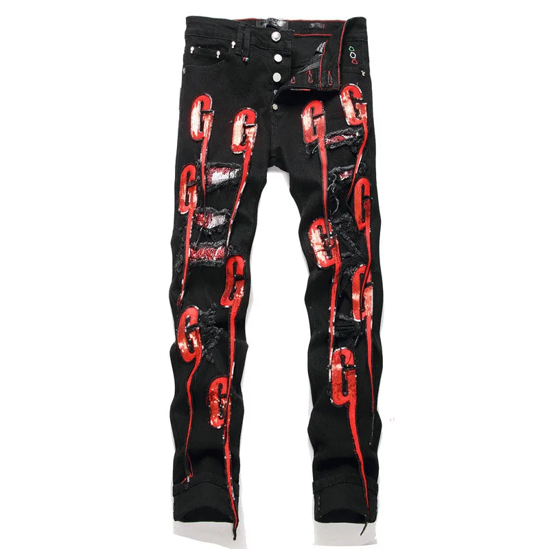 

Men Punk Black Distressed Patch Jeans Streetwear Holes Ripped Patchwork Stretch Denim Pants Mens Slim Hip Hop Trousers