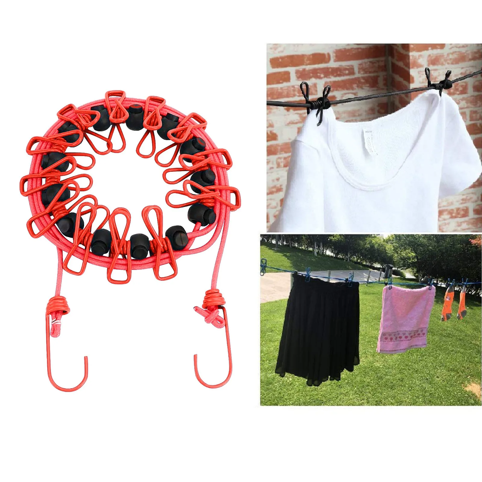 Portable Clothesline With 12 Clothespins Clip Windproof Clothes Rope Travel Stretchy Retractable