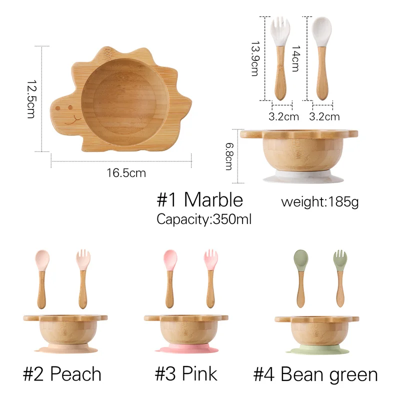 Baby Wooden Tableware Set Dinosaur Bamboo Wooden Plate Bowl Silicone Suction Wooden Handle Fork Spoon for Children Feeding Gift 6
