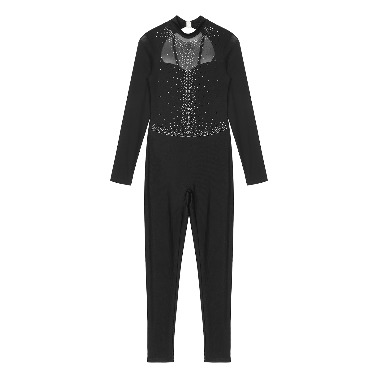 Womens Glittery Rhinestone Sheer Mesh Long Sleeve Dance Wear Unitards Jumpsuit Figure Skating Gymnastic Ballet Dance Costume