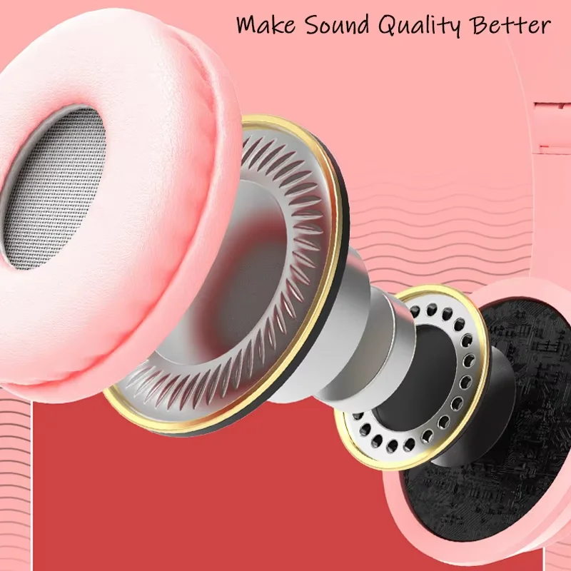 Cute Cat Ear Wireless Headphones with Rgb LED Lights for Kids Stereo Bluetooth Headset for Mobile Music and Computer Gaming