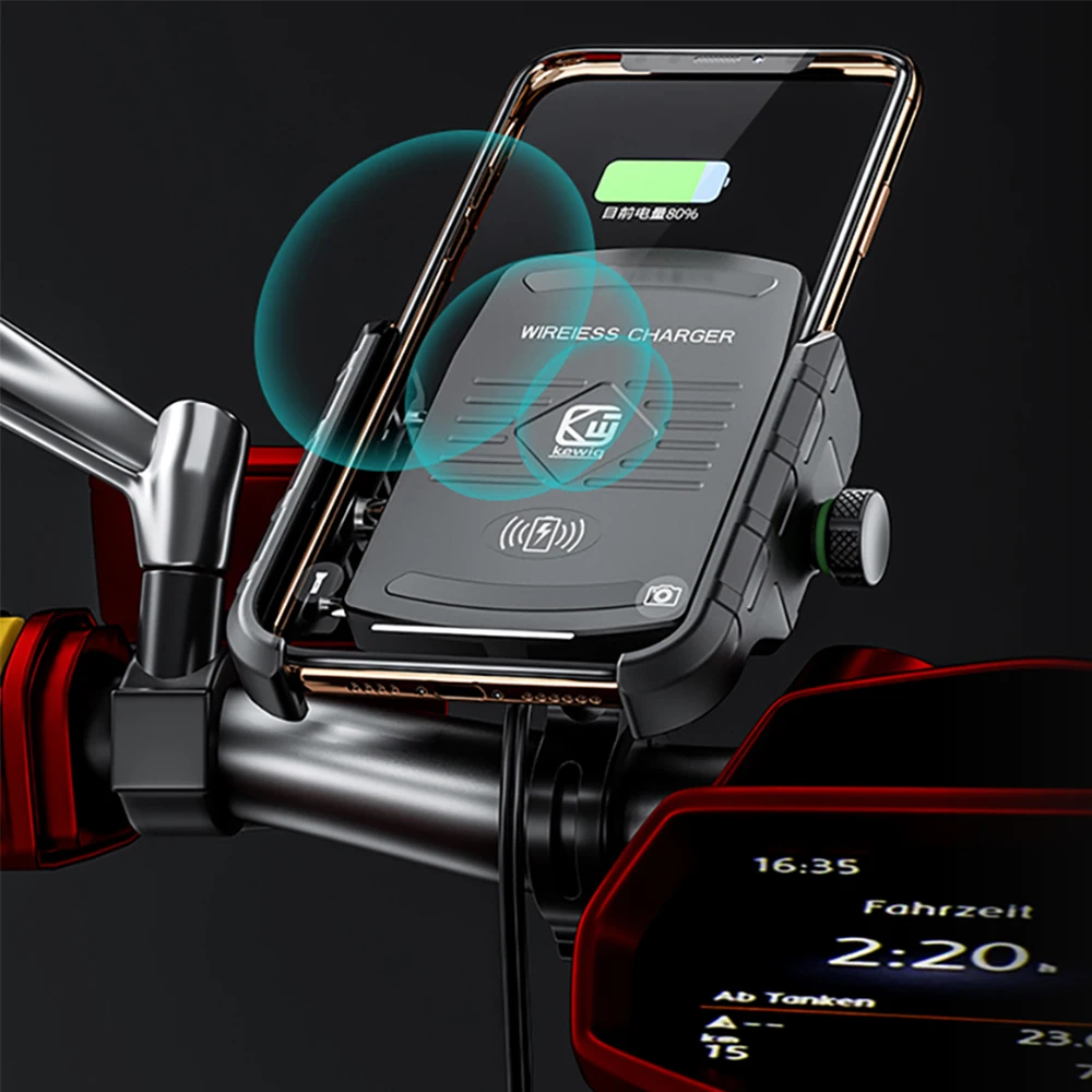 Universal Motorcycle Phone Holder with Quick USB and Wireless Charging, Mirror Stand and Handlebar Mount