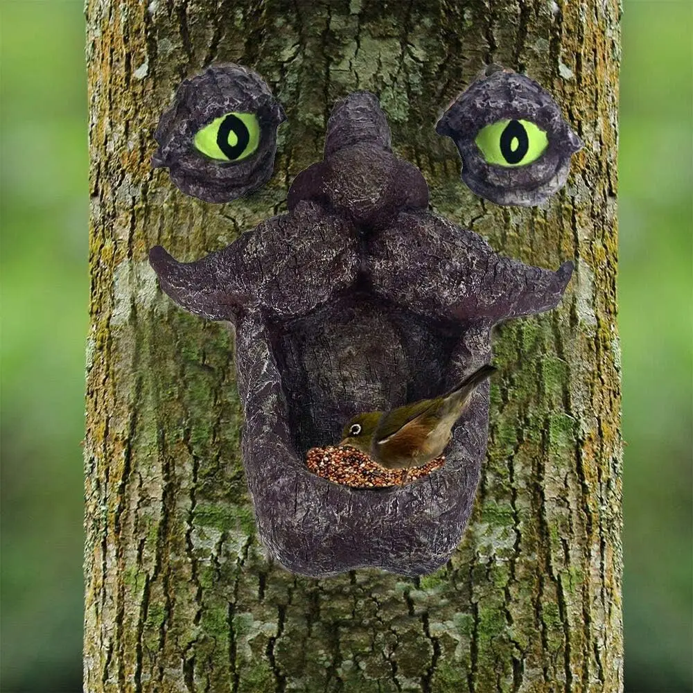 

Tree Face Bird Feeder, Hand-Painted Outdoor Old Man Wild Bird Feeder Whimsical Tree Sculpture with Glow in The Dark Eyes