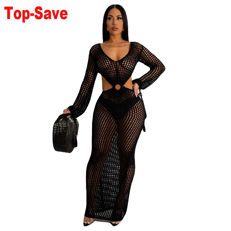 

2023 New Sexy Tassel Knitted Crochet Tunic Cover Up Beach Dress Beach Wear Cover-Ups Deep V-Neck Ladies Bodycon Vestidos Holiday