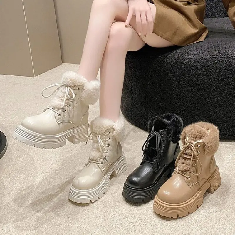 Fashion Ladies Shoes Lace Up Women is Boots Winter Plush Fleece for Warmth Round Toe Solid Short Barrel Square Root Naked Boots