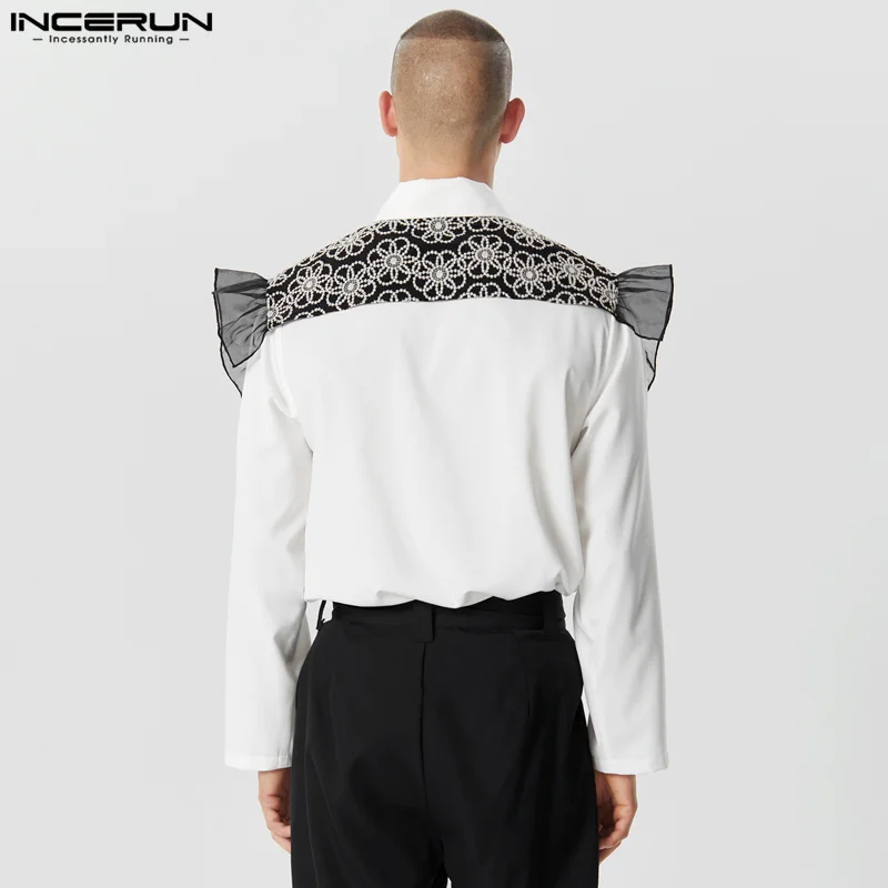 INCERUN Tops 2023 American Style Stylish New Men Lace Jacquard Patchwork Solid Shirts Sexy Male Long Sleeved Lapel Blouse S-5XL