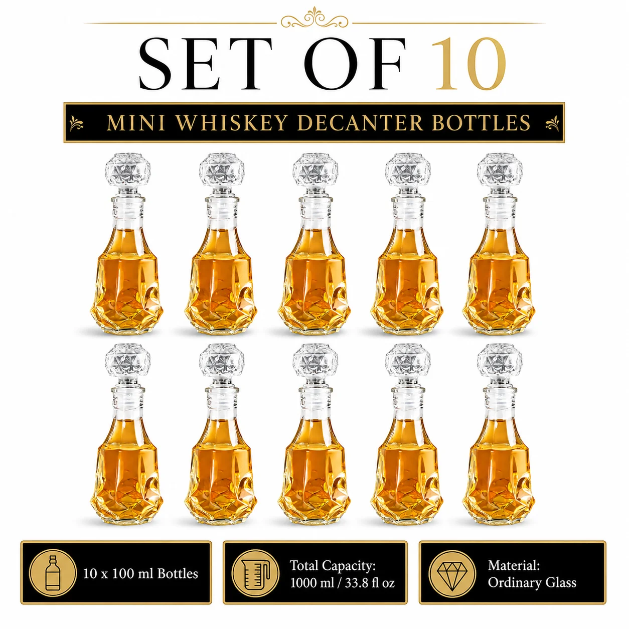 10팩 미니 위스키 디캔터 병, 100ml 작은 유리 주류 병(마개 포함), 위스키, 버번용 미니 디캔터