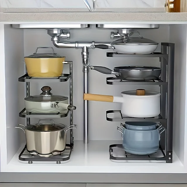 Organisateur de support de casseroles réglable, support de rangement de casseroles en acier inoxydable de cuisine, organisateur de casseroles et de poêles ménagers multicouches pour la cuisine 1