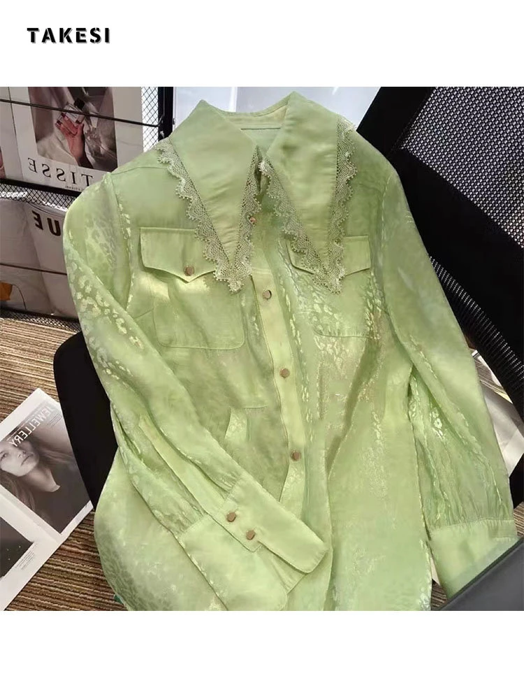 Camisas manga larga con textura de adorno encaje francés para mujer, blusas estampadas con bolsillos verdes, blusas informales con botones, Otoño, 2022| | - AliExpress