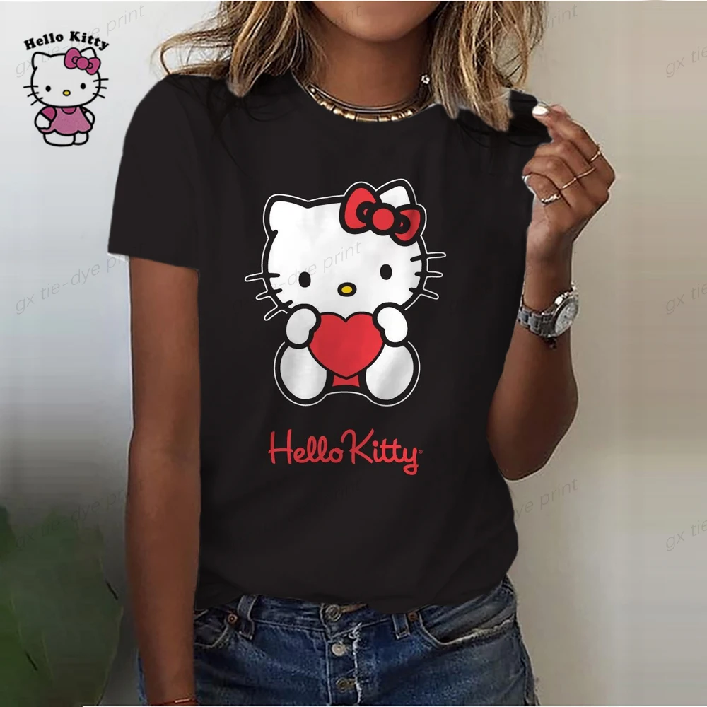 

Women's T-shirt Basic Print Short Sleeve Top Hello Kitty Series Casual O-neck Youth Female Commuter Comfortable Shirt Streetwear