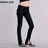 REDDACHiC Zipper Cuffs Tight Jeans for Women Harajuku Sexy Low Rise Fitted Stretch Denim Black Trousers Retro Grunge Streetwear