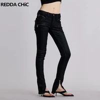 REDDACHiC Zipper Cuffs Tight Jeans for Women Harajuku Sexy Low Rise Fitted Stretch Denim Black Trousers Retro Grunge Streetwear