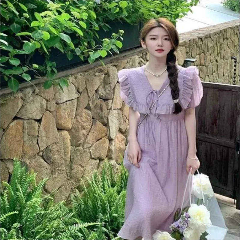 

2024 Summer Sweet Purple Women Dress Fashion Vintage Peter Pan Collar A-Line Party Robe Female Sundress Fairy Holiday Vestido